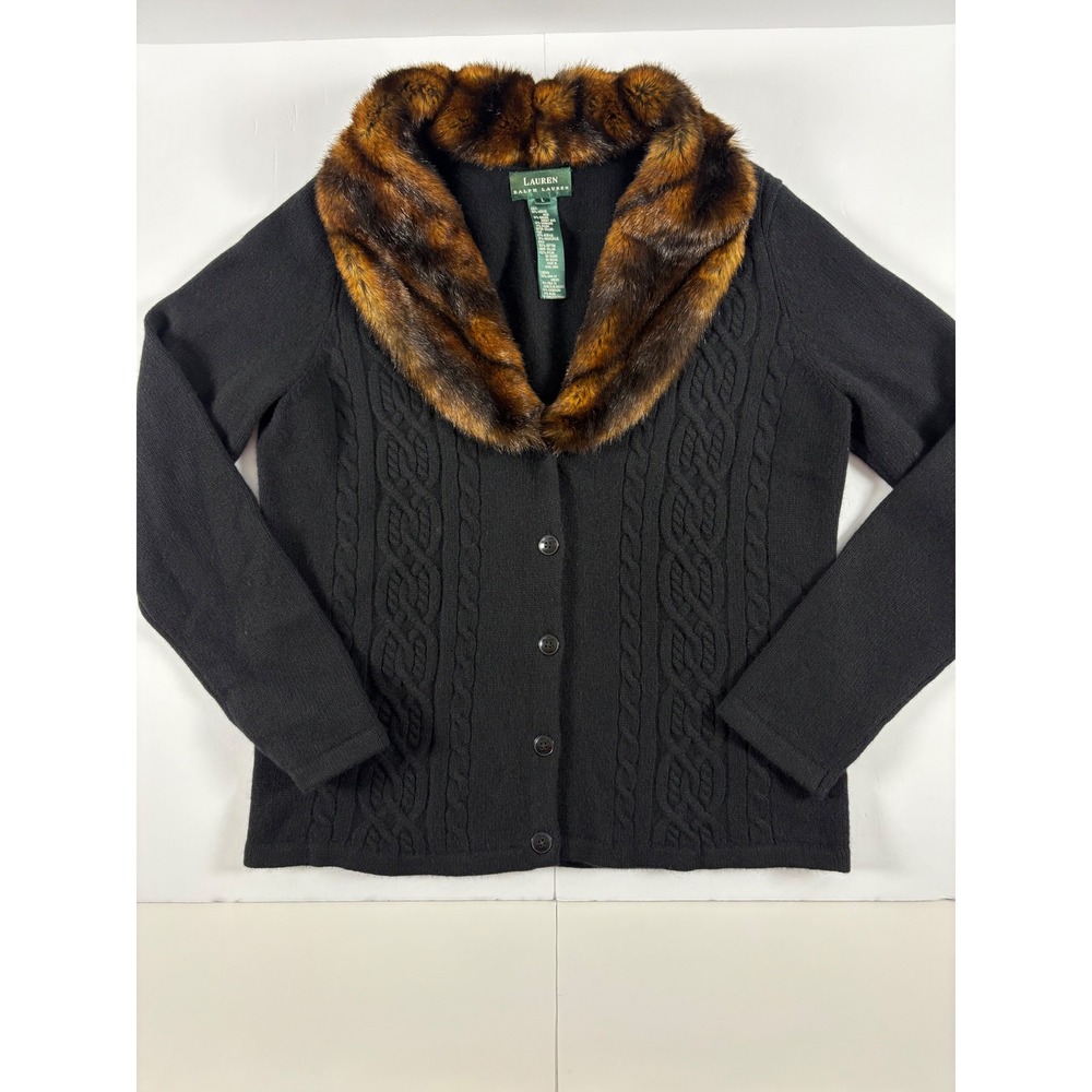 VTG Lauren Ralph Lauren Faux Fur Collar Cardigan Sweater Large Black 90s Y2K